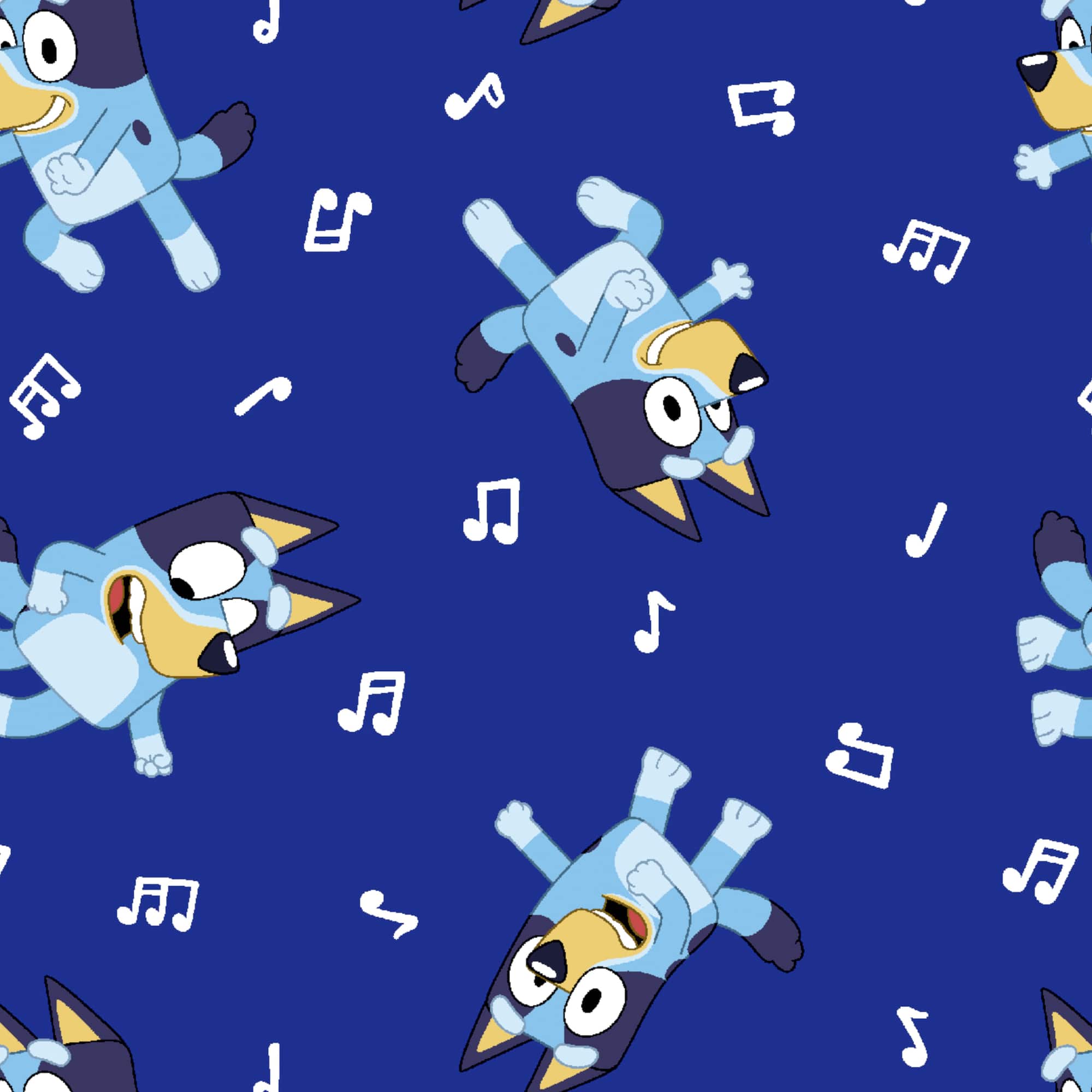 Bluey with Music Notes on Dark Blue Cotton Fabric